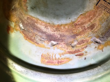 A massive Chinese Longquan celadon dish with underglaze design, Ming