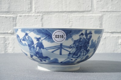 Un bol en porcelaine de Chine bleu et blanc &agrave; d&eacute;cor autour, Kangxi