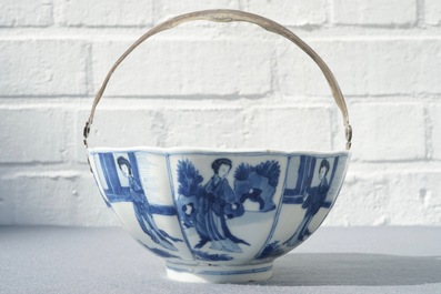 A Chinese blue and white silver-handled bowl with Long Eliza, Kangxi