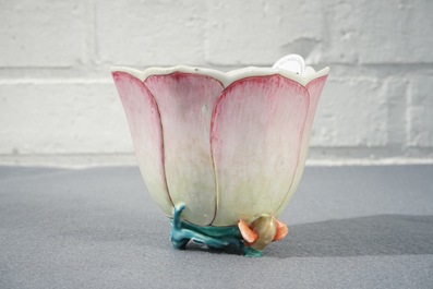 A large Chinese famille rose magnolia-shaped cup on stand, Yongzheng