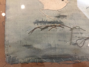 A Japanese silk embroidery depicting a rooster on an o-daiko drum, Edo or Meiji, 19th C.