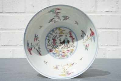 A Chinese famille rose bowl with figural medallions, Qianlong mark, 20th C.