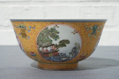 A Chinese famille rose bowl with figural medallions, Qianlong mark, 20th C.