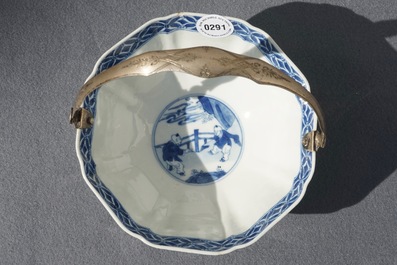 A Chinese blue and white silver-handled bowl with Long Eliza, Kangxi