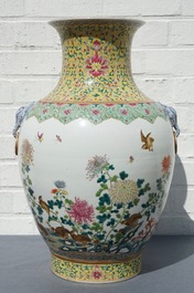 A Chinese famille rose hu vase with quails, Jiaqing mark, 19/20th C.