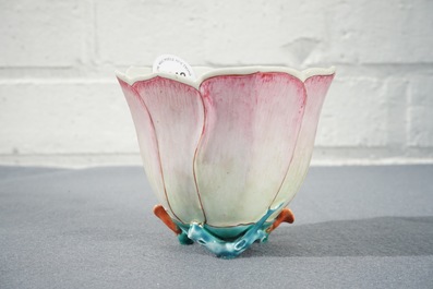 A large Chinese famille rose magnolia-shaped cup on stand, Yongzheng
