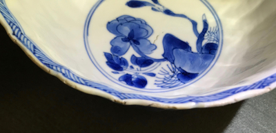 A pair of Chinese blue and white lobed phoenix bowls, Kangxi