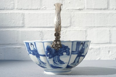 A Chinese blue and white silver-handled bowl with Long Eliza, Kangxi