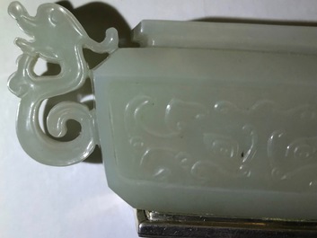 A Chinese silver-mounted jade 'dragon and phoenix' teapot, 19th C