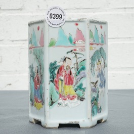 A Chinese hexagonal famille rose brush pot, Yongzheng