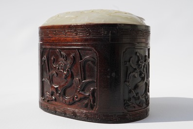 A Chinese jade top carved mahogany box, 19/20th C.
