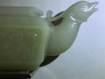 A Chinese silver-mounted jade 'dragon and phoenix' teapot, 19th C