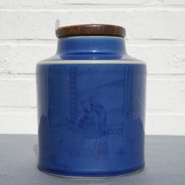 A Chinese monochrome blue tea caddy with underglaze design, Kangxi