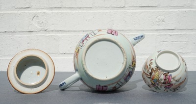 A Chinese famille rose mandarin teapot with cup and saucer, Qianlong