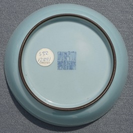 A monochrome Chinese clair-de-lune glazed saucer dish, Qianlong mark, 19/20th C.