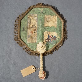 Two Chinese ivory-handled fans with embroidered silk and painted paper, Canton, 19th C.