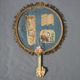 Two Chinese ivory-handled fans with embroidered silk and painted paper, Canton, 19th C.