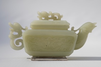 A Chinese silver-mounted jade 'dragon and phoenix' teapot, 19th C