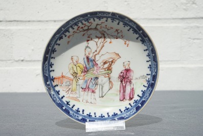 A Chinese famille rose mandarin teapot with cup and saucer, Qianlong