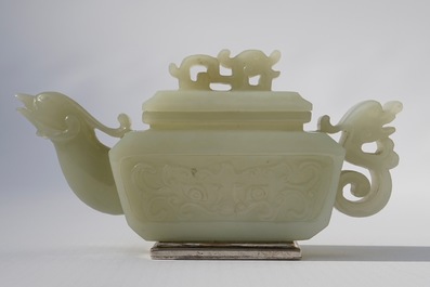 A Chinese silver-mounted jade 'dragon and phoenix' teapot, 19th C