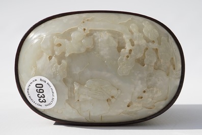 A Chinese jade top carved mahogany box, 19/20th C.