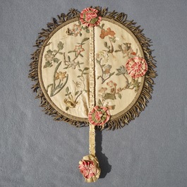 Two Chinese ivory-handled fans with embroidered silk and painted paper, Canton, 19th C.