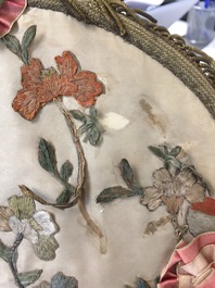 Two Chinese ivory-handled fans with embroidered silk and painted paper, Canton, 19th C.