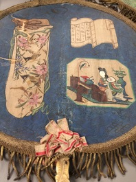 Two Chinese ivory-handled fans with embroidered silk and painted paper, Canton, 19th C.