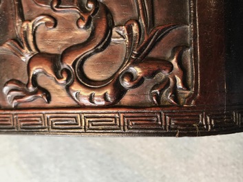 A Chinese jade top carved mahogany box, 19/20th C.
