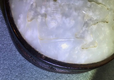 A Chinese jade top carved mahogany box, 19/20th C.