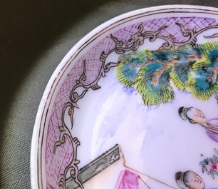 A Chinese famille verte teapot and milk jug, 19th C., and a famille rose cup and saucer, Qianlong
