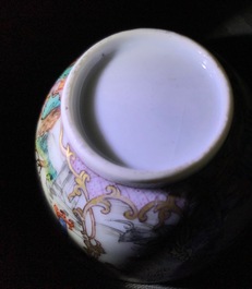 A Chinese famille verte teapot and milk jug, 19th C., and a famille rose cup and saucer, Qianlong
