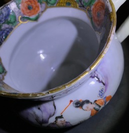 A Chinese famille verte teapot and milk jug, 19th C., and a famille rose cup and saucer, Qianlong