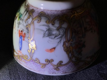A Chinese famille verte teapot and milk jug, 19th C., and a famille rose cup and saucer, Qianlong