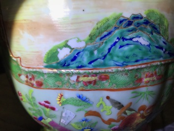 A pair of Chinese Canton famille rose celadon-ground vases, 19th C.