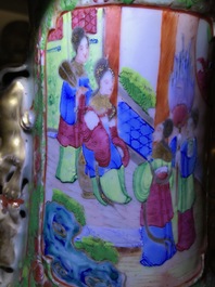 A pair of Chinese Canton famille rose celadon-ground vases, 19th C.