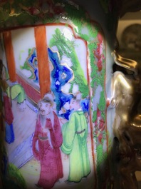 A pair of Chinese Canton famille rose celadon-ground vases, 19th C.