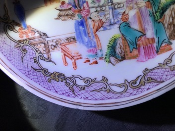 A Chinese famille verte teapot and milk jug, 19th C., and a famille rose cup and saucer, Qianlong