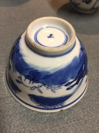 Two Chinese famille verte and Imari-style plates and four cups and saucers, Kangxi and later