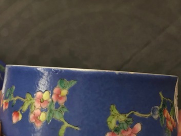 A Chinese blue-ground famille rose four-tier box, Tongzhi mark, 19th C.