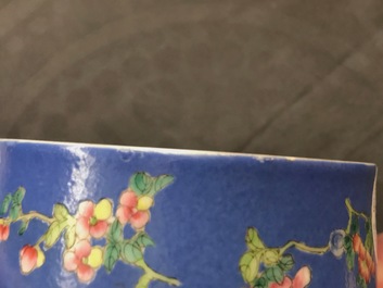 A Chinese blue-ground famille rose four-tier box, Tongzhi mark, 19th C.