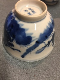 Two Chinese famille verte and Imari-style plates and four cups and saucers, Kangxi and later