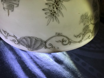 Two Chinese famille rose and grisaille bowls and an incense burner, Yongzheng and later