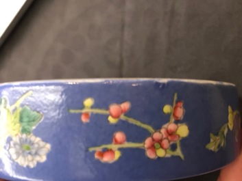 A Chinese blue-ground famille rose four-tier box, Tongzhi mark, 19th C.