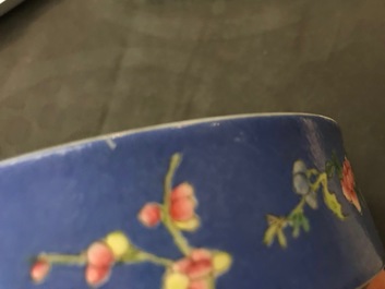 A Chinese blue-ground famille rose four-tier box, Tongzhi mark, 19th C.