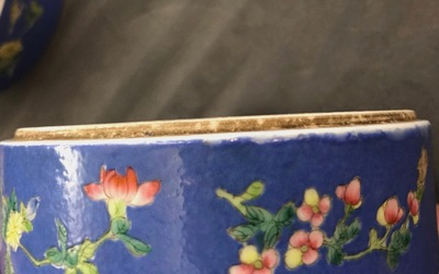 A Chinese blue-ground famille rose four-tier box, Tongzhi mark, 19th C.