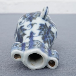 A Chinese blue and white birdfeeder shaped as an arrow vase, Xuande mark, Ming or later