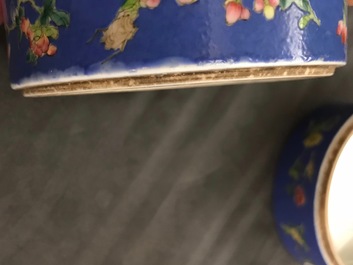 A Chinese blue-ground famille rose four-tier box, Tongzhi mark, 19th C.