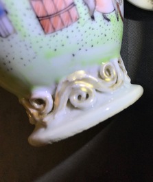 Two Chinese famille rose tea caddies and a relief-decorated cup and saucer, Yongzheng/Qianlong