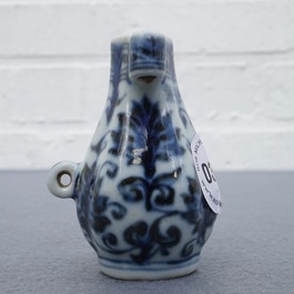 A Chinese blue and white birdfeeder shaped as an arrow vase, Xuande mark, Ming or later